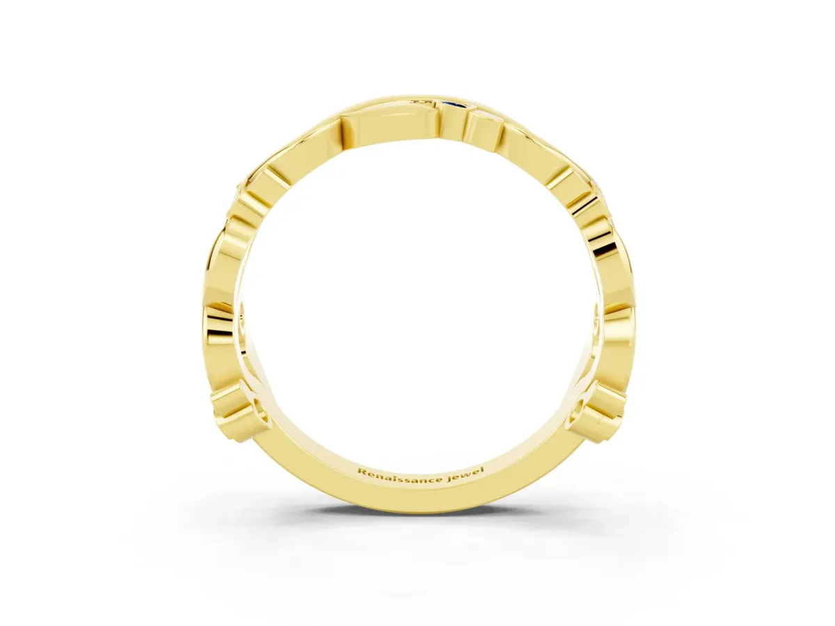 Round Blue Sapphire Leaf Eternity Band with Bezel Setting Yellow gold
