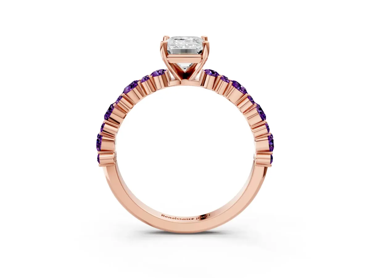 Emerald Cut Diamond Side Stone Solitaire Ring with Round Amethyst and Four-Prong Setting Rose gold
