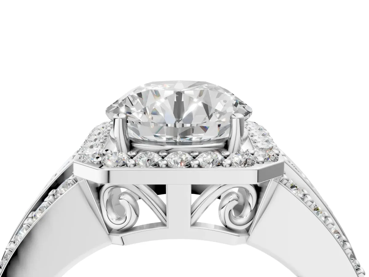 Round Cut Halo Diamond Ring with Round Tanzanite Split Shank and Prong Setting Platinum