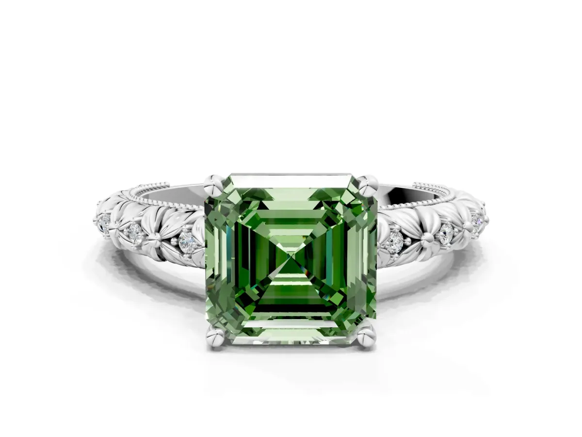 Fancy Green Asscher Cut Solitaire Floral Milgrain Engagement Ring Platinum