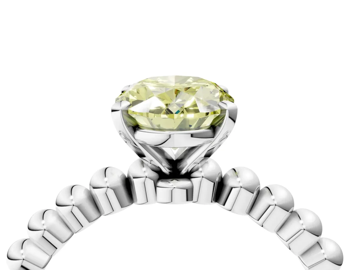 Fancy Yellow Oval Cut Diamond Solitaire Ring with Beaded Band and Prong Setting Silver