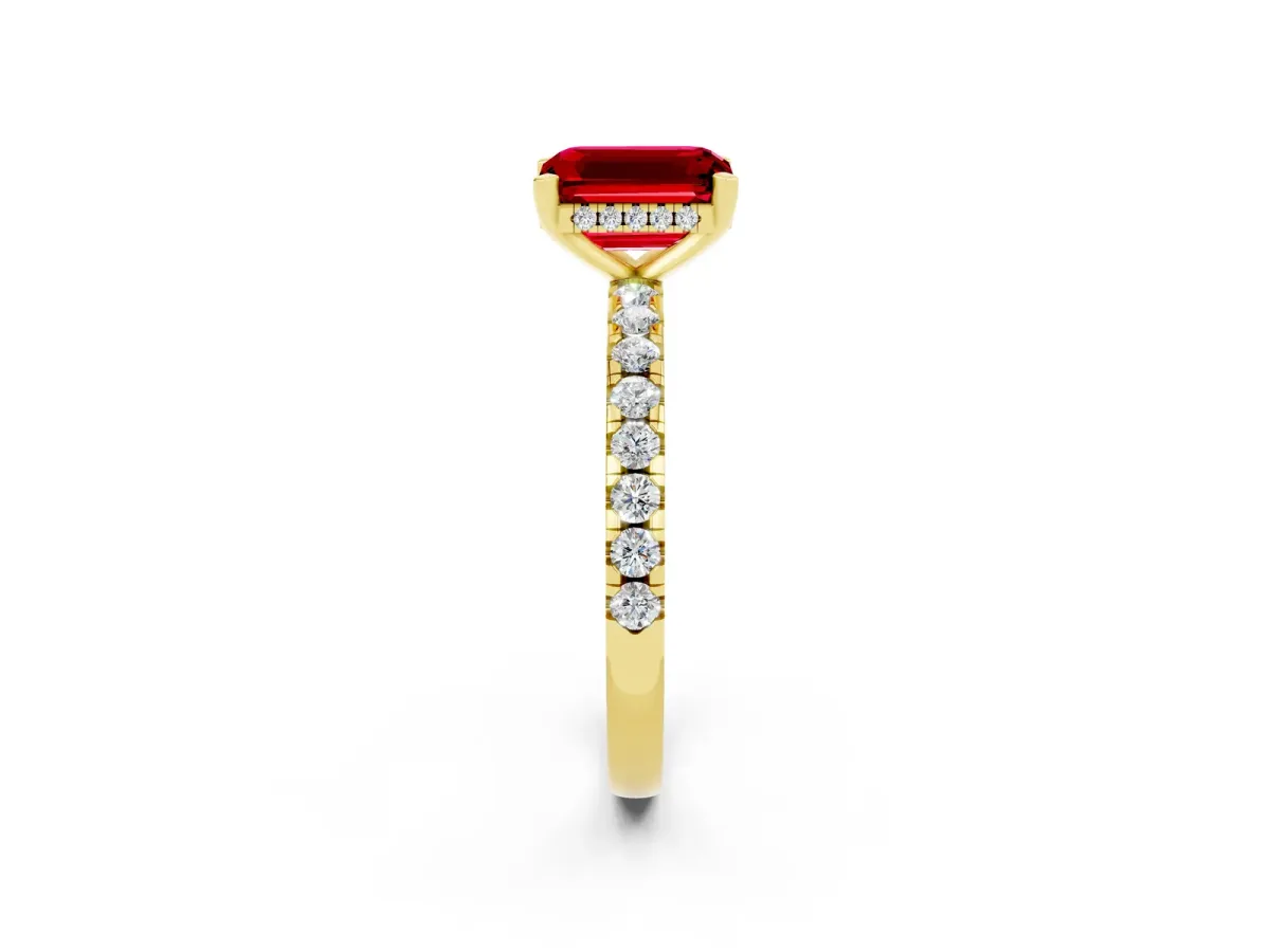Emerald Cut Ruby Solitaire Ring with Round Pavé Band and Four-Prong Setting Yellow gold