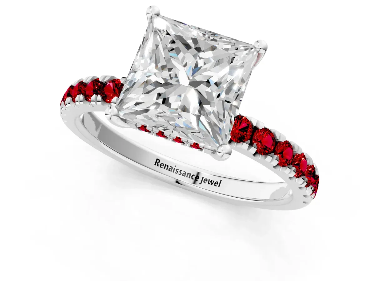 Princess Cut Diamond Pave Band Solitaire Ring with Round Ruby and Prong Setting Platinum