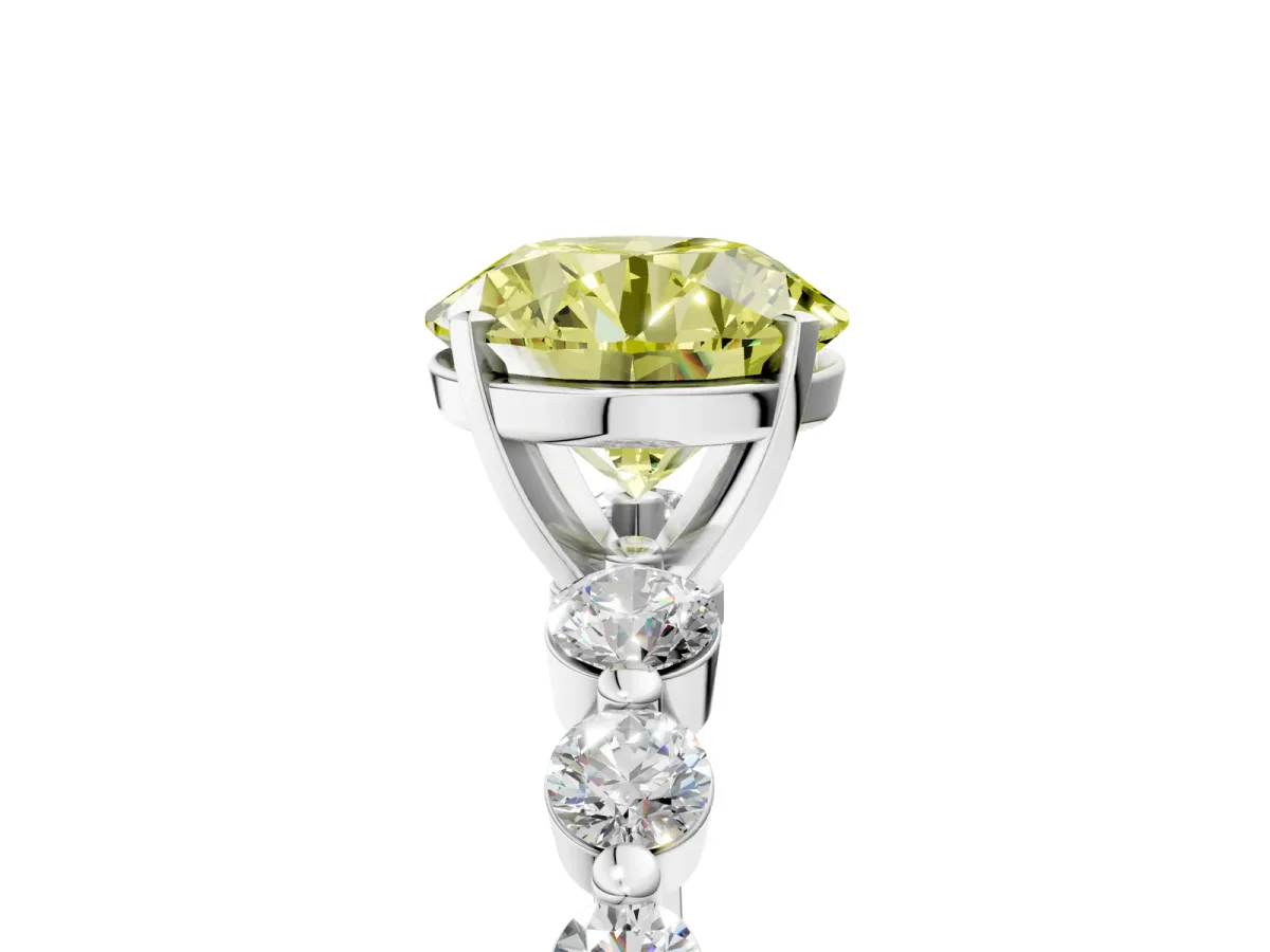 Fancy Yellow Round Cut Solitaire Diamond Ring with Pave Band and Four-Prong Setting Platinum