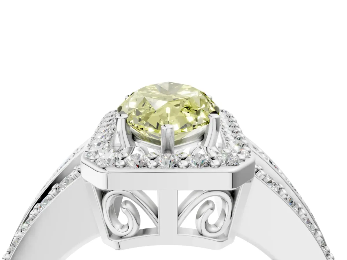 Fancy Yellow Marquise Cut Halo Diamond Ring with Round Split Shank and Prong Setting Platinum