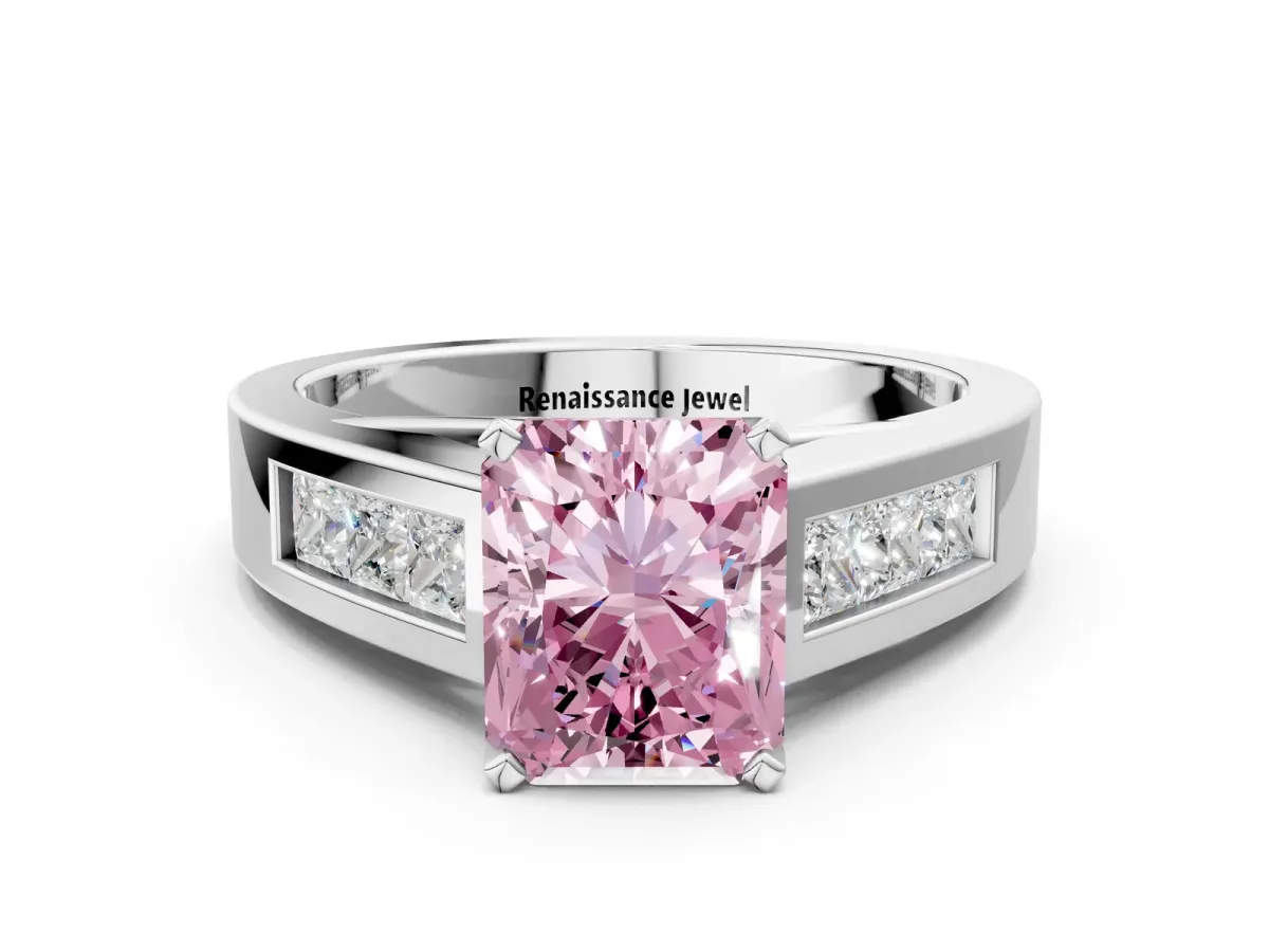 Fancy Pink Radiant Cut Cut Channel Set Solitaire Ring with Four-Prong Setting Platinum