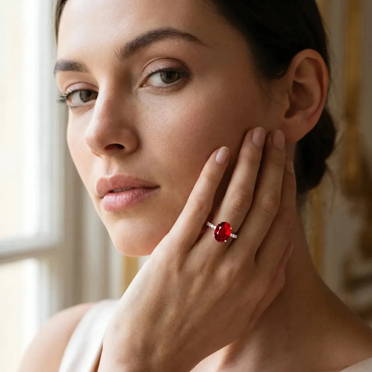 Oval Cut Ruby Solitaire Ring with Round Pavé Band and Four-Prong Setting Rose gold