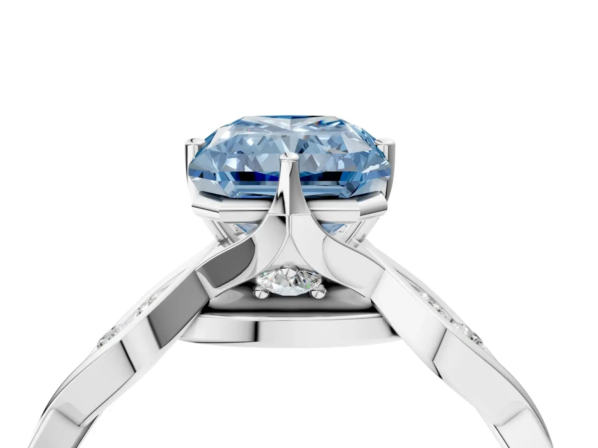 Fancy Blue Radiant Cut Solitaire Twist Band with Leaf Prong Setting Platinum