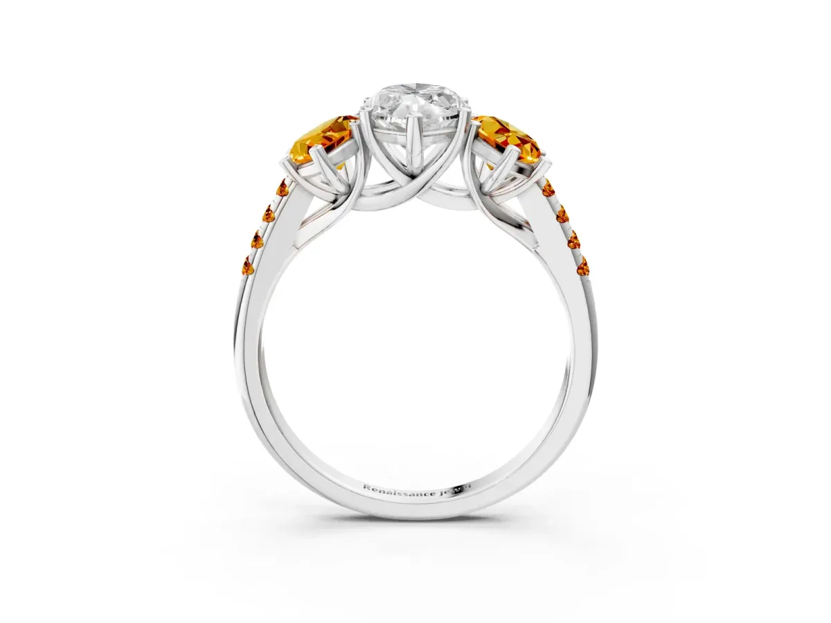 Three-Stone Marquise Cut Diamond Ring with Round Citrine Pavé Band and Prong Setting Silver