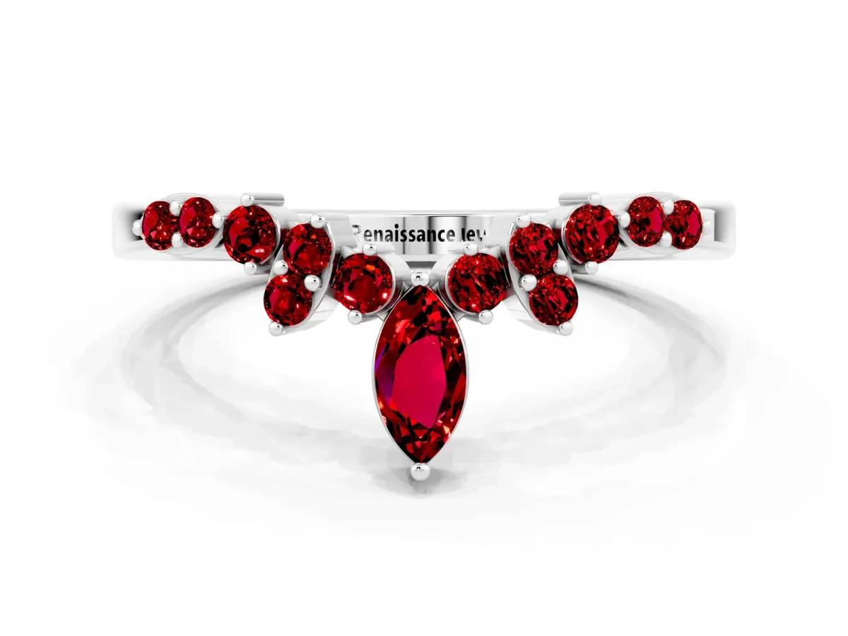 Marquise and Round Ruby Chevron Band with Prong Setting Platinum