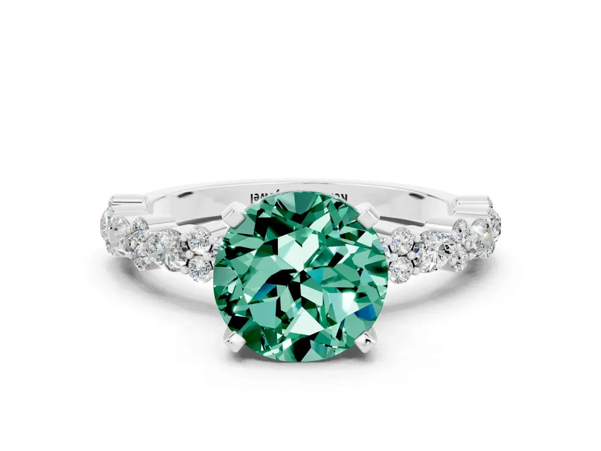 Round Cut Green Sapphire Side Stone Solitaire Ring with Round and Four-Prong Setting Silver