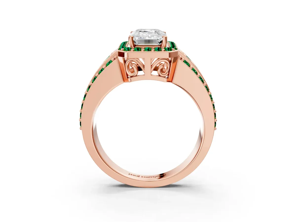 Emerald Cut Halo Diamond Ring with Round Emerald Split Shank and Prong Setting Rose gold