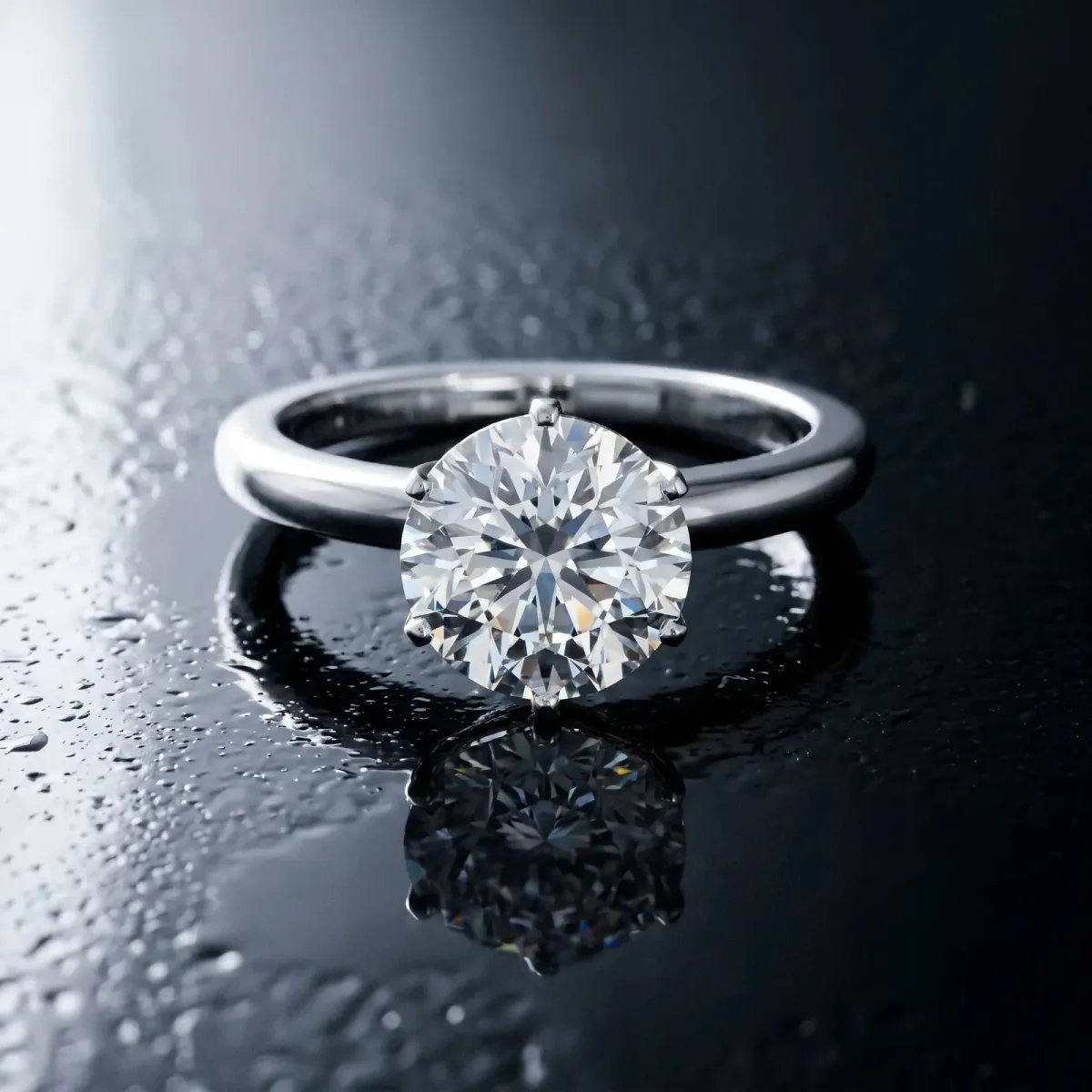 Round Cut Solitaire Diamond Ring with Six-Prong Setting on a Classic Band White gold
