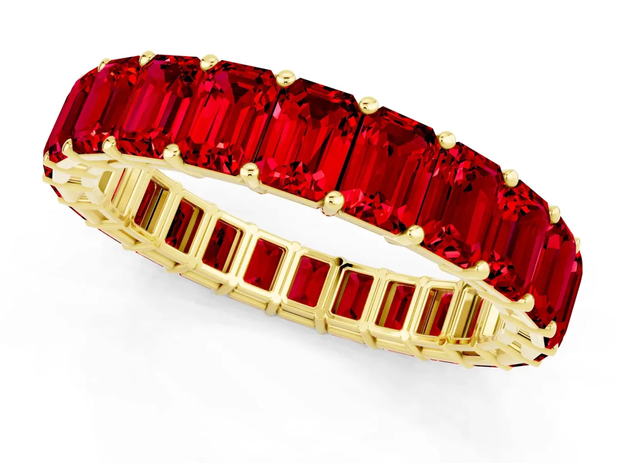 Emerald Cut Ruby Eternity Band with Shared Prong Setting Yellow gold