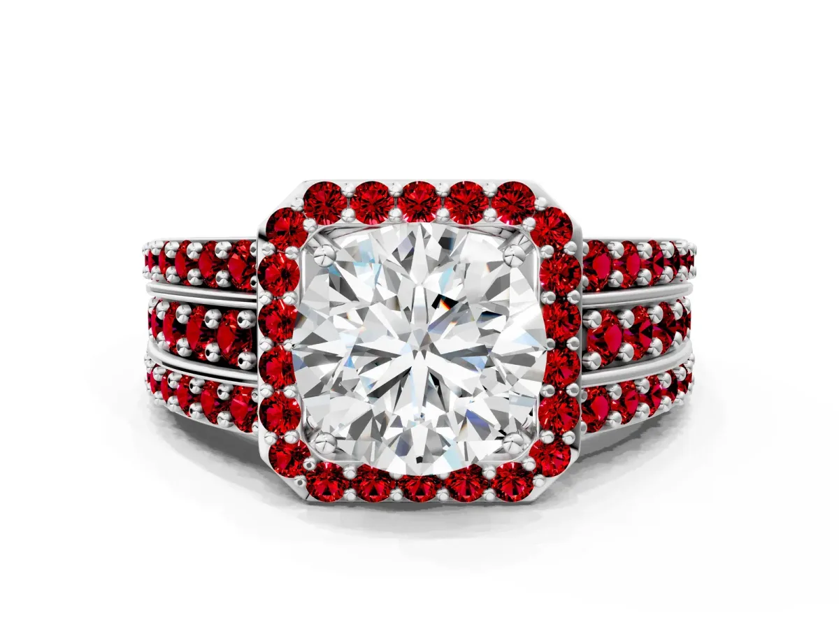 Round Cut Halo Diamond Ring with Round Ruby Split Shank and Prong Setting Silver