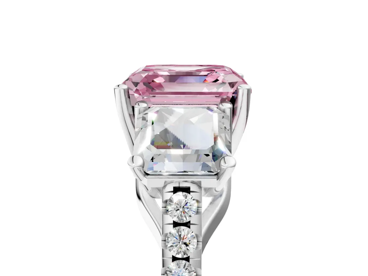Fancy Pink Three-Stone Asscher Cut Diamond Ring with Round Pavé Band and Prong Setting Silver