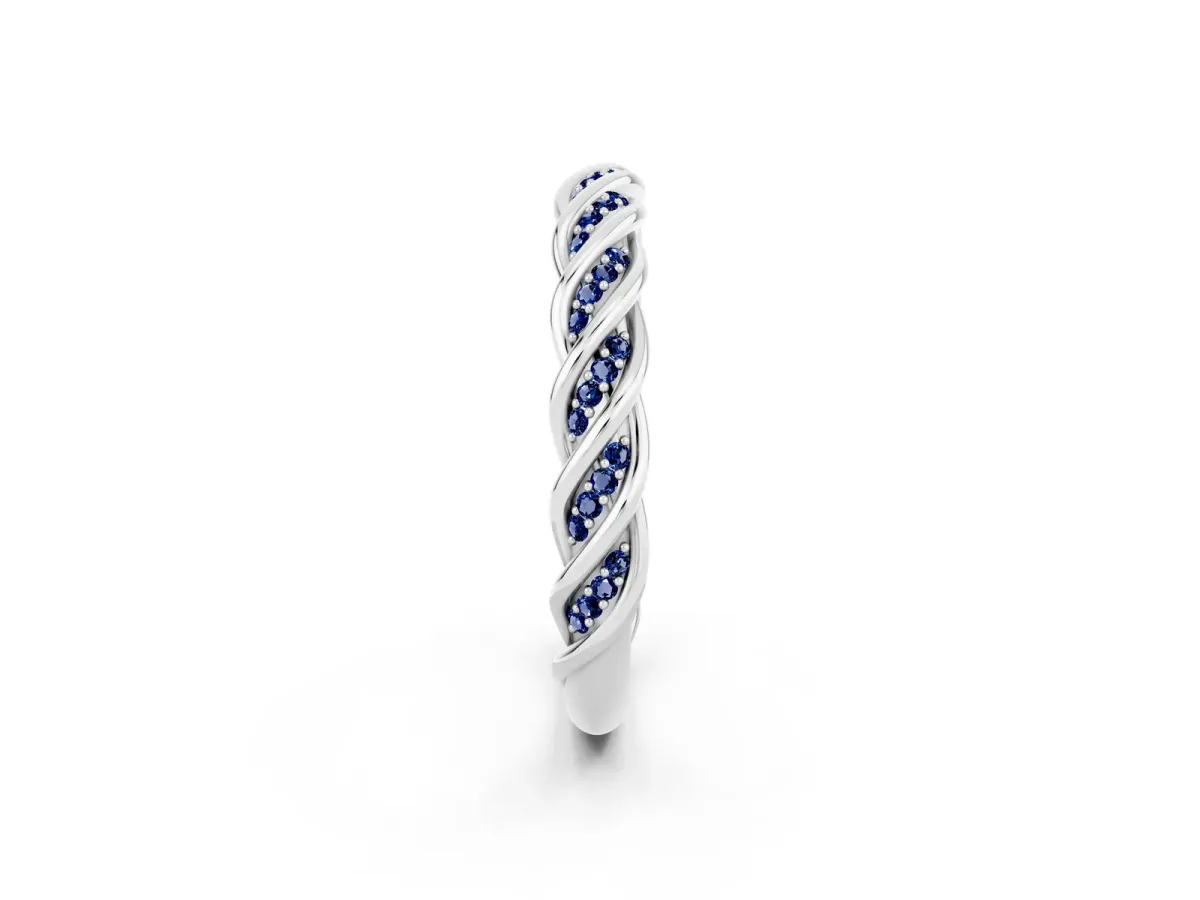 Twisted Pavé Round Blue Sapphire Eternity Band with Shared Prong Setting Platinum