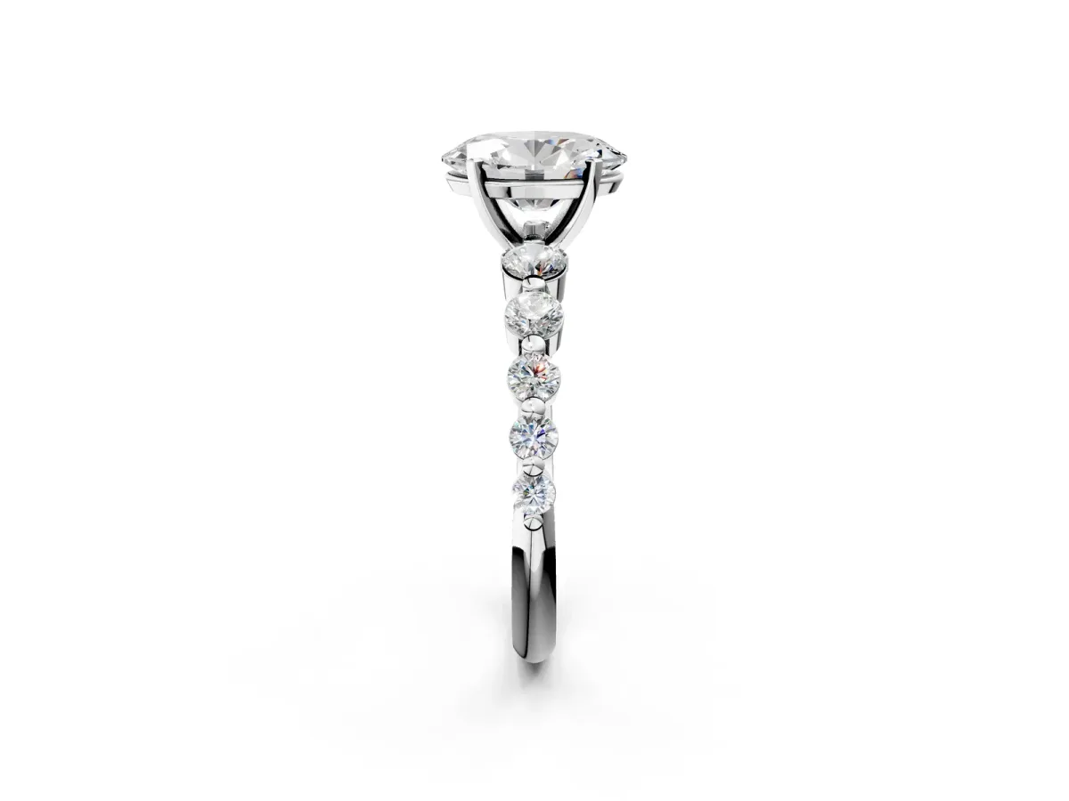 Oval Cut Solitaire Diamond Ring with Pave Band and Four-Prong Setting Silver