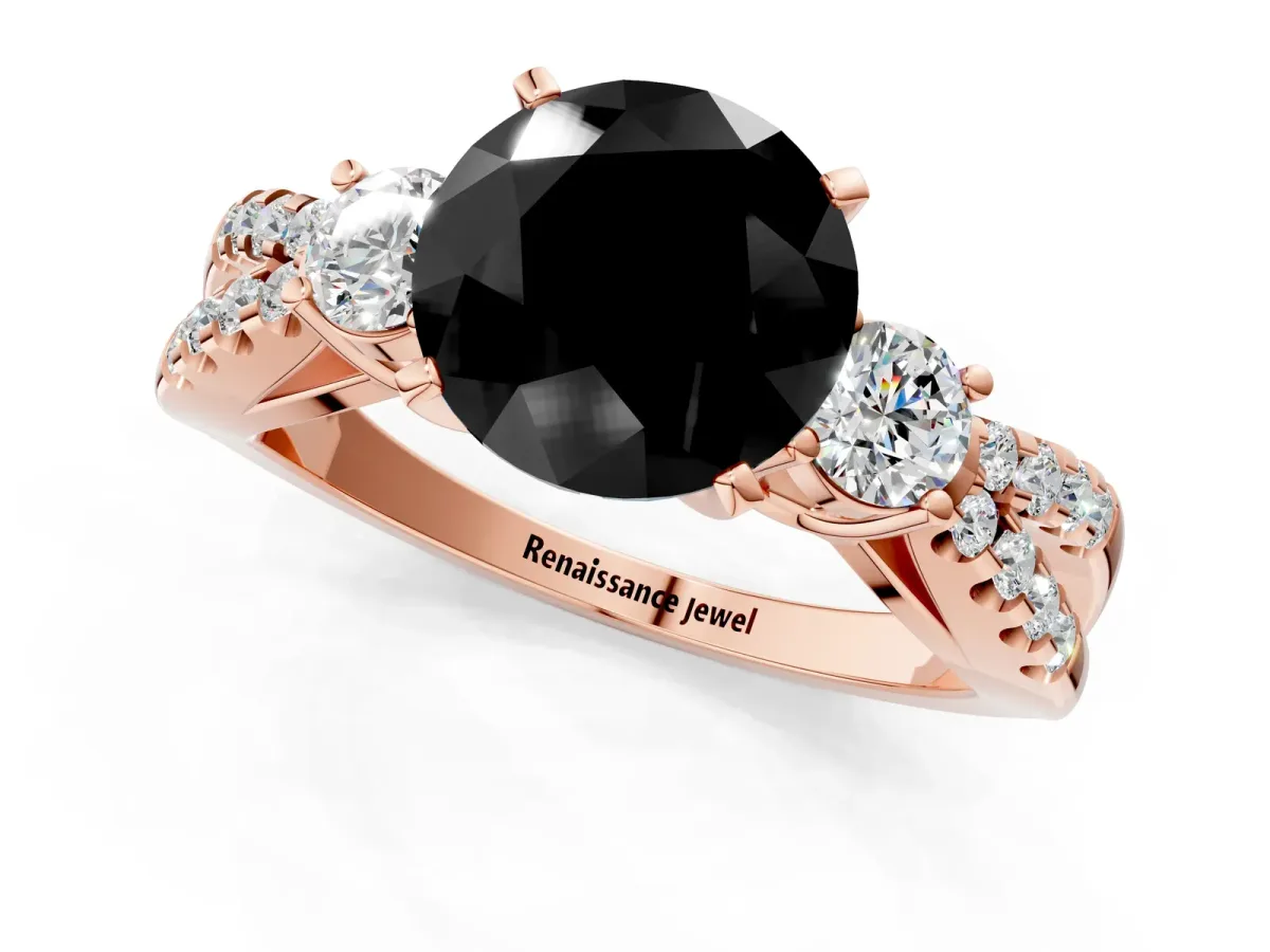 Fancy Black Round Cut Diamond Three-Stone Ring with Pavé Split Shank and Four-Prong Setting Rose gold