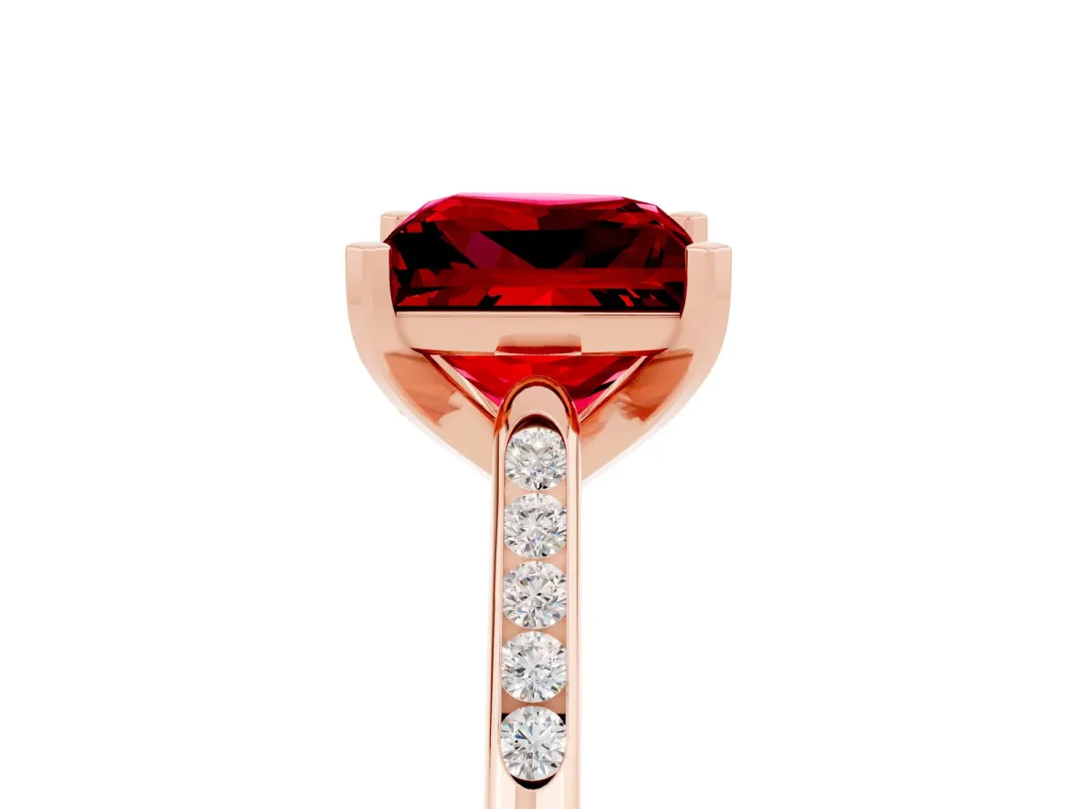 Princess Cut Ruby Solitaire Ring with Channel Set Round Band and Prong Setting Rose gold