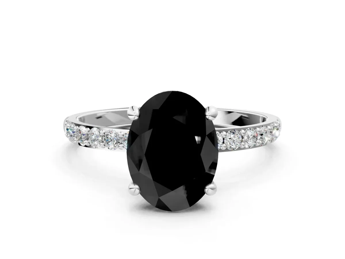 Fancy Black Oval Cut Diamond Solitaire Ring with Round Pavé Band and Prong Setting Silver
