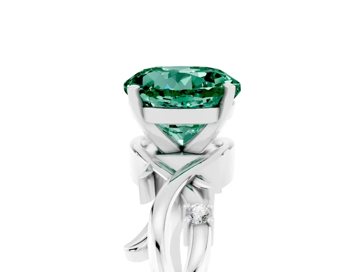 Round Cut Green Sapphire Solitaire Ring with Twisted Band and Prong Setting Platinum