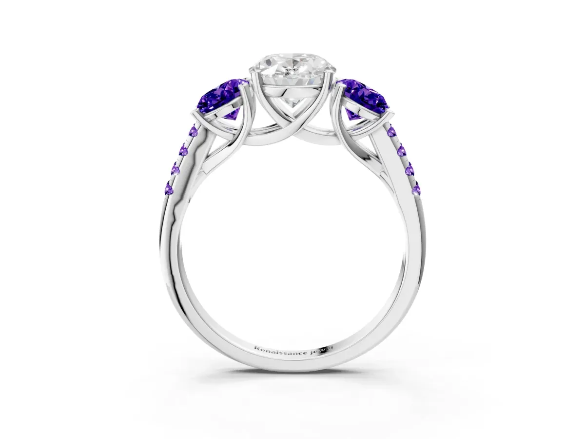 Three-Stone Oval Cut Diamond Ring with Round Tanzanite Pavé Band and Prong Setting Silver
