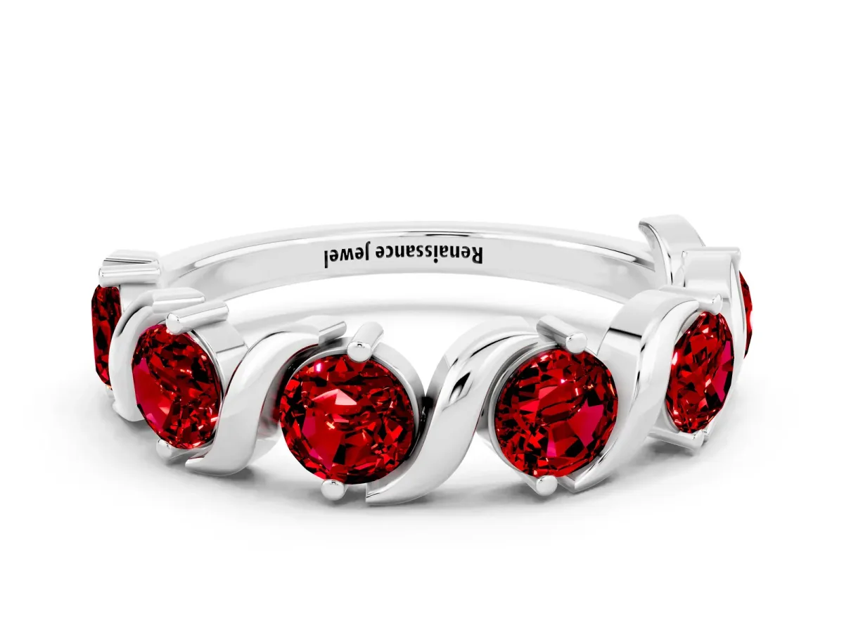 Six-Stone Round Ruby Wave Band with Shared Prong Setting White gold