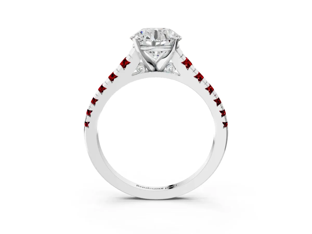 Round Cut Diamond Cathedral Solitaire Ring with Round Ruby Pavé Band White gold