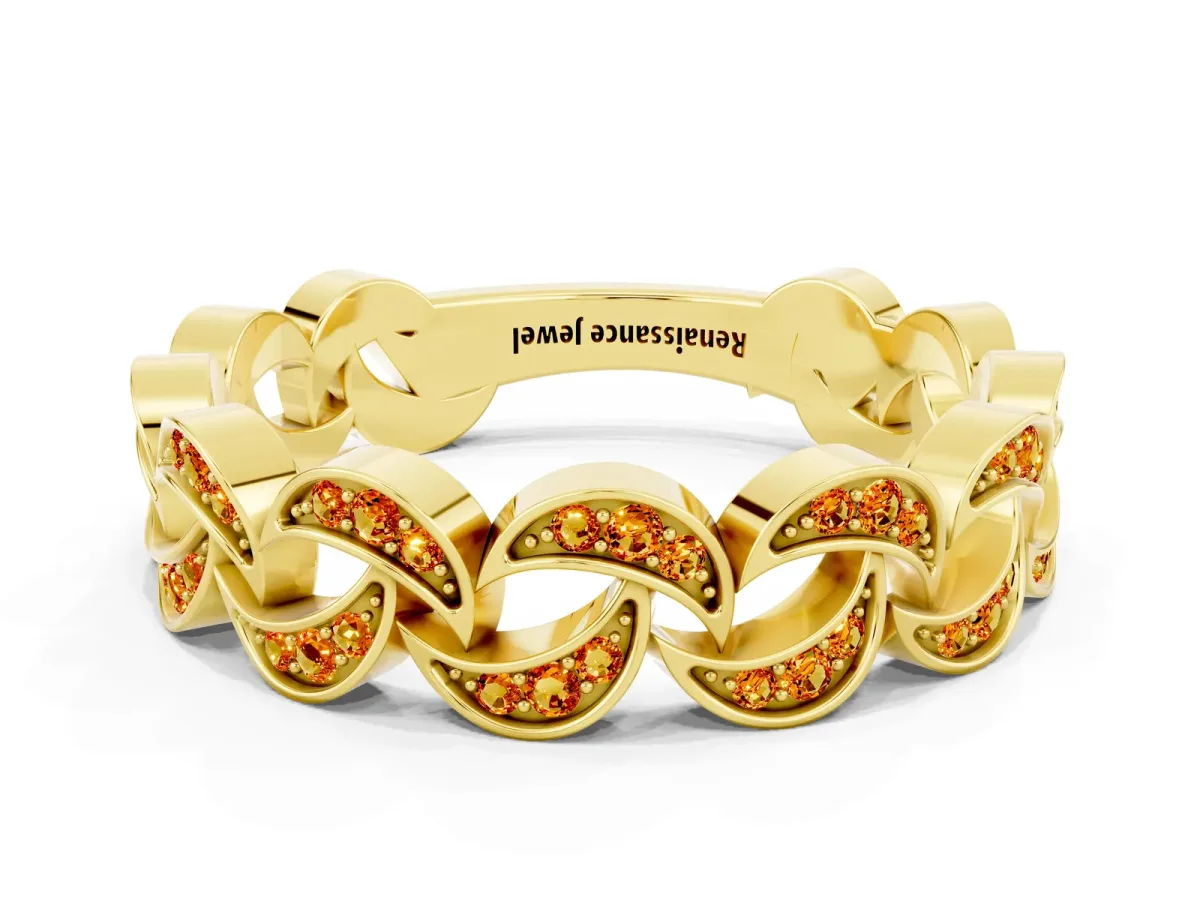 Pavé Round Citrine Interlocking Eternity Band with Bezel Prong Setting Yellow gold