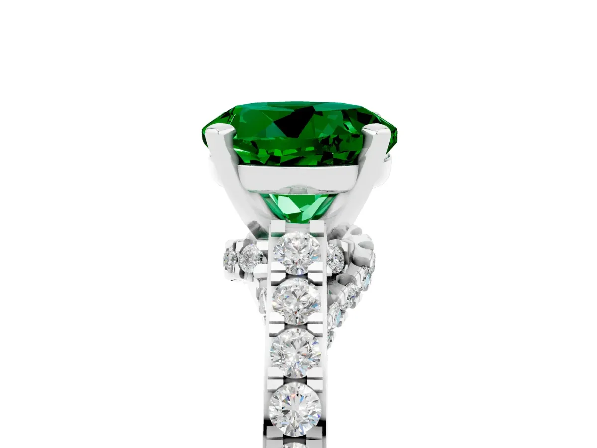 Round Cut Emerald Solitaire Ring with Crossover Gallery and Round Pavé Band Silver