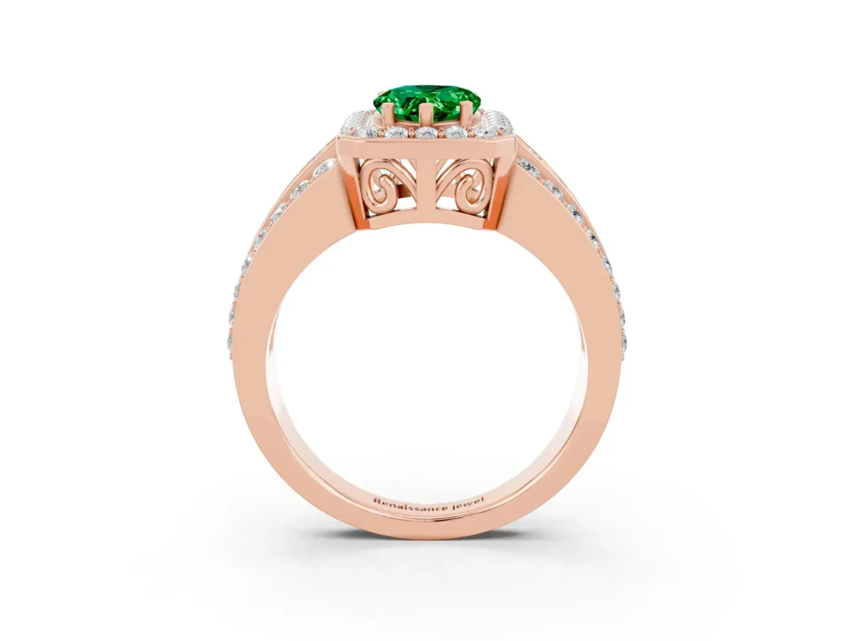 Pear Cut Halo Emerald Ring with Round Split Shank and Prong Setting Rose gold