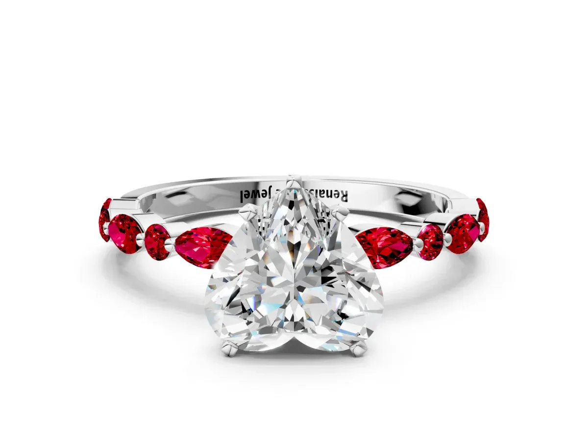 Heart Cut Diamond Ring with Marquise and Round Ruby Side Stones and Four-Prong Setting White gold