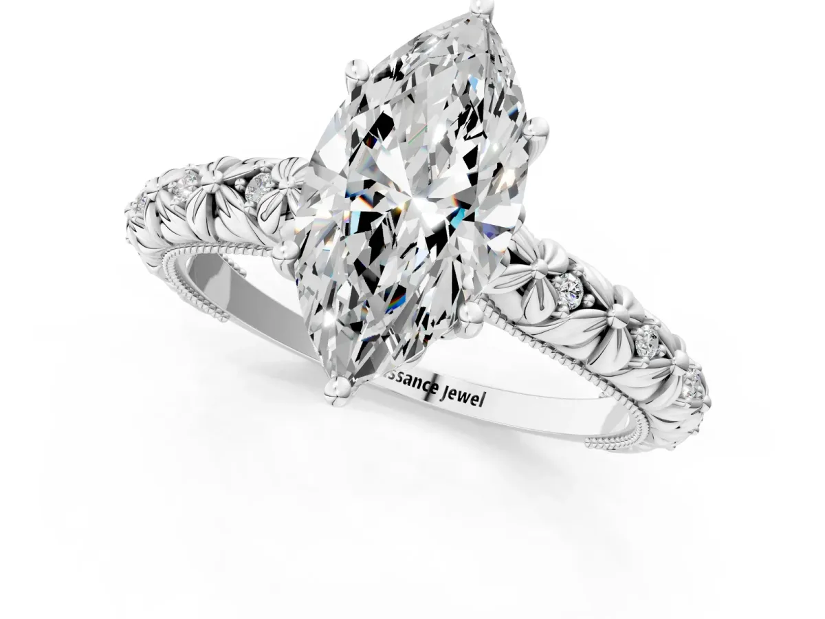 Marquise Cut Solitaire Floral Milgrain Engagement Ring Silver