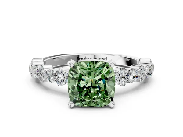 Fancy Green Cushion Cut Diamond Side Stone Solitaire Ring with Round and Four-Prong Setting Platinum