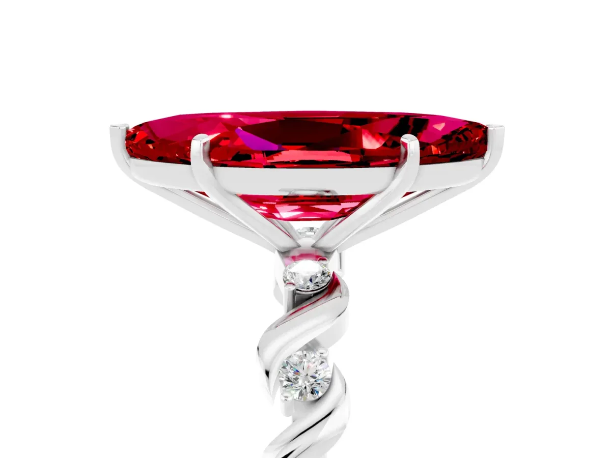 Marquise Cut Ruby Solitaire Twisted Band with Round Accents and Prong Setting Platinum