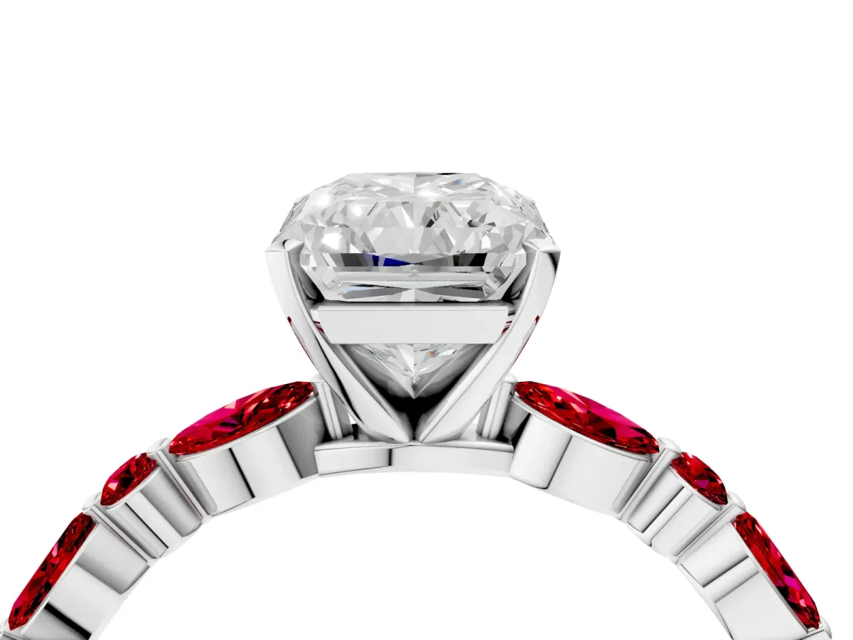 Radiant Cut Diamond Ring with Marquise and Round Ruby Side Stones and Four-Prong Setting Silver