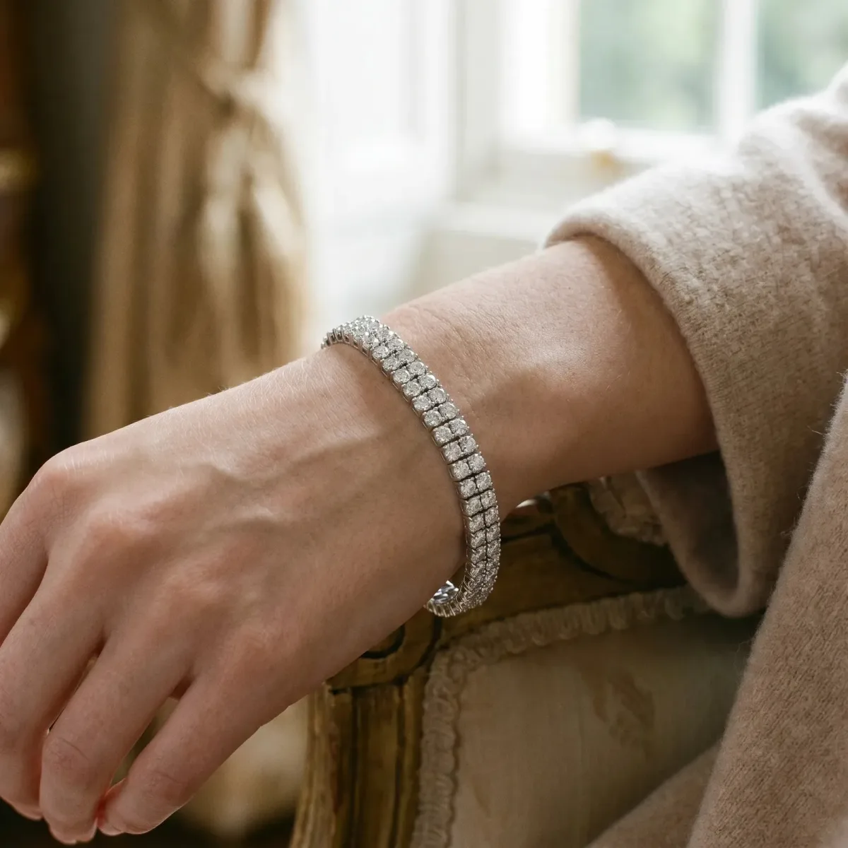 Three-Row Round Diamond Tennis Bracelet with Prong Setting Silver