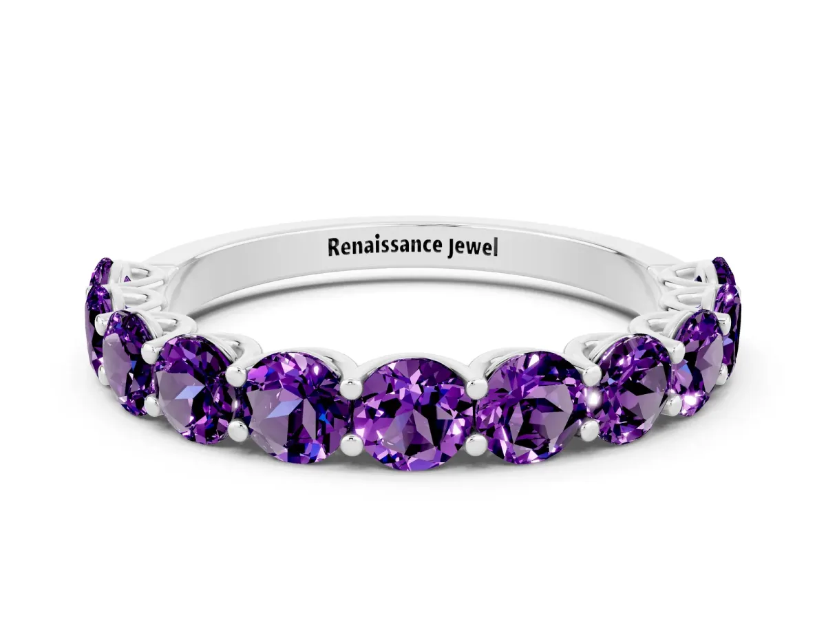 Round Amethyst Shared Prong Eternity Band Silver