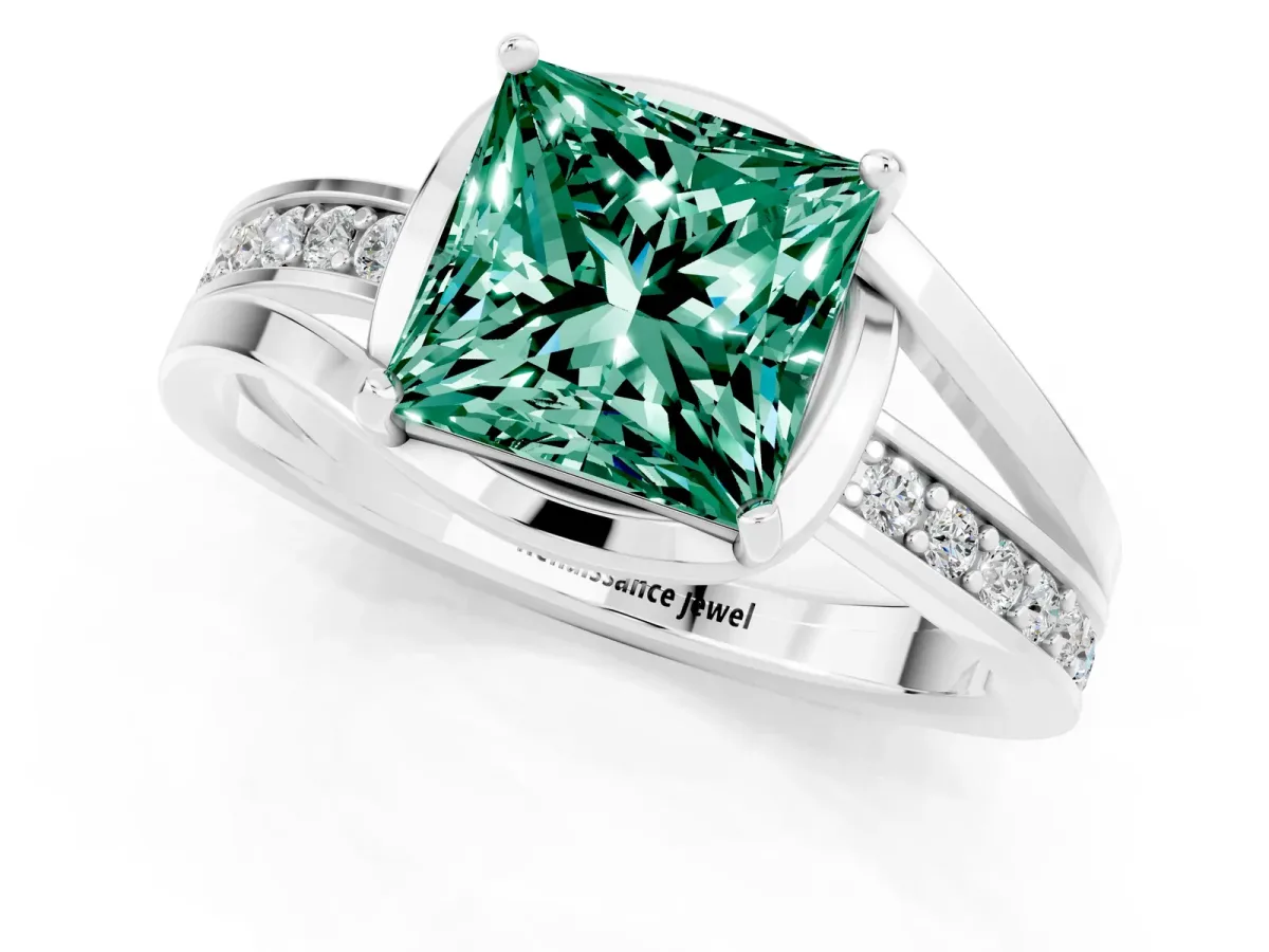 Princess Cut Green Sapphire Solitaire Ring with Split Shank and Prong Setting Platinum