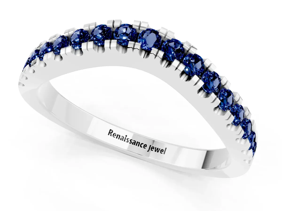Round Blue Sapphire Pavé Curved Band with Shared Prong Setting Silver