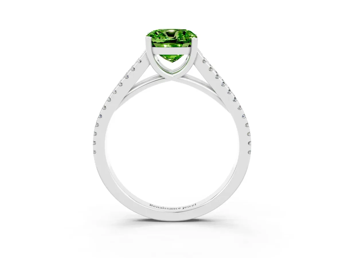 Cushion Cut Peridot Solitaire Engagement Ring with Split Shank Pavé Band Silver