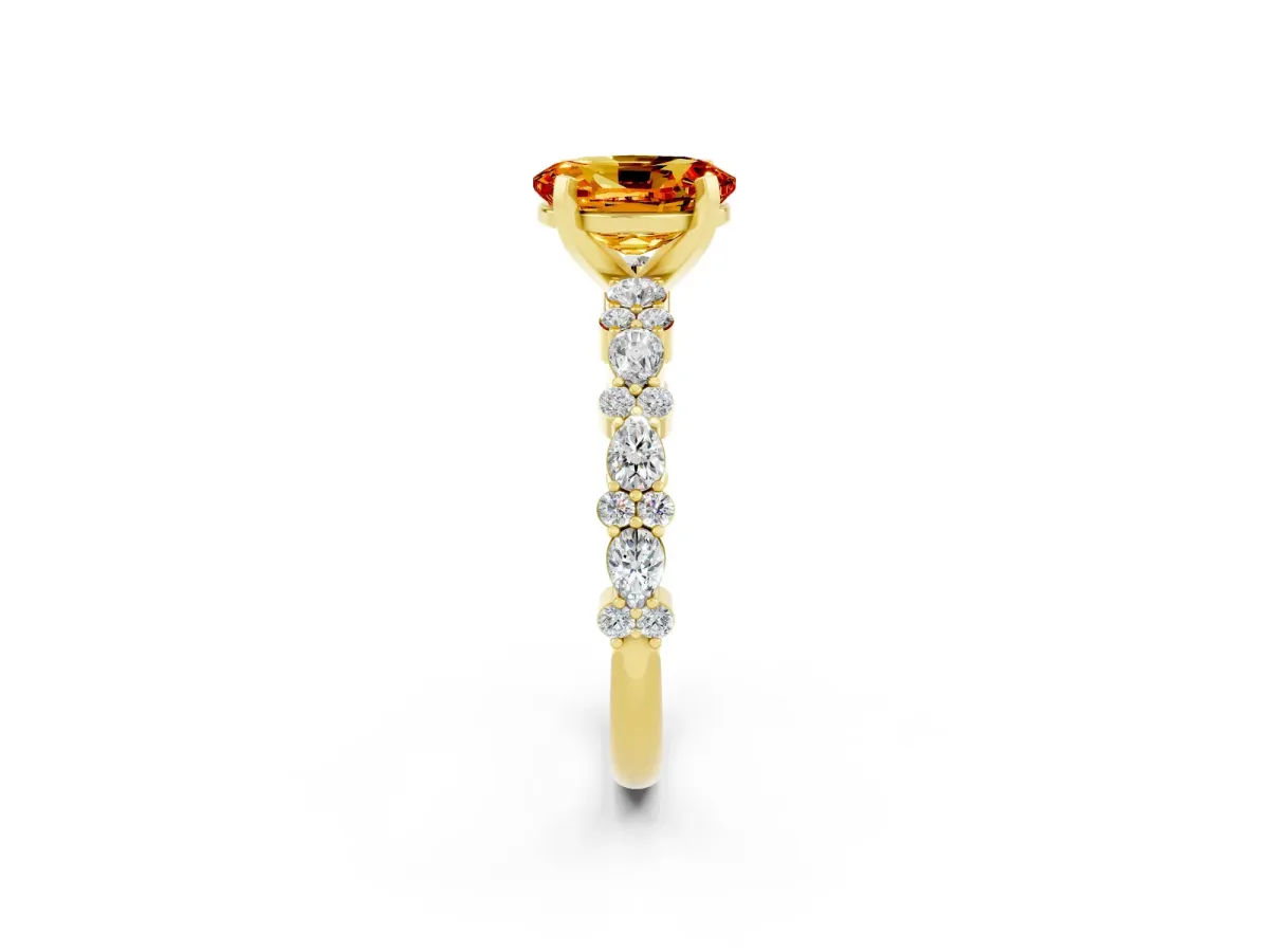 Oval Cut Citrine Side Stone Solitaire Ring with Round and Four-Prong Setting Yellow gold