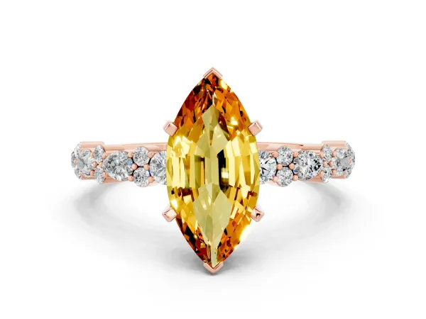 Marquise Cut Citrine Side Stone Solitaire Ring with Round and Four-Prong Setting Rose gold