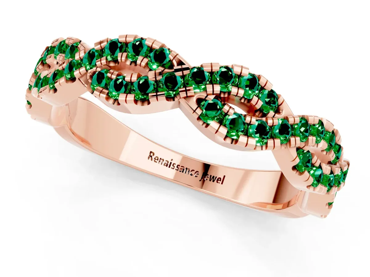 Round Emerald Twisted Eternity Band with Pavé and Shared Prong Setting Rose gold