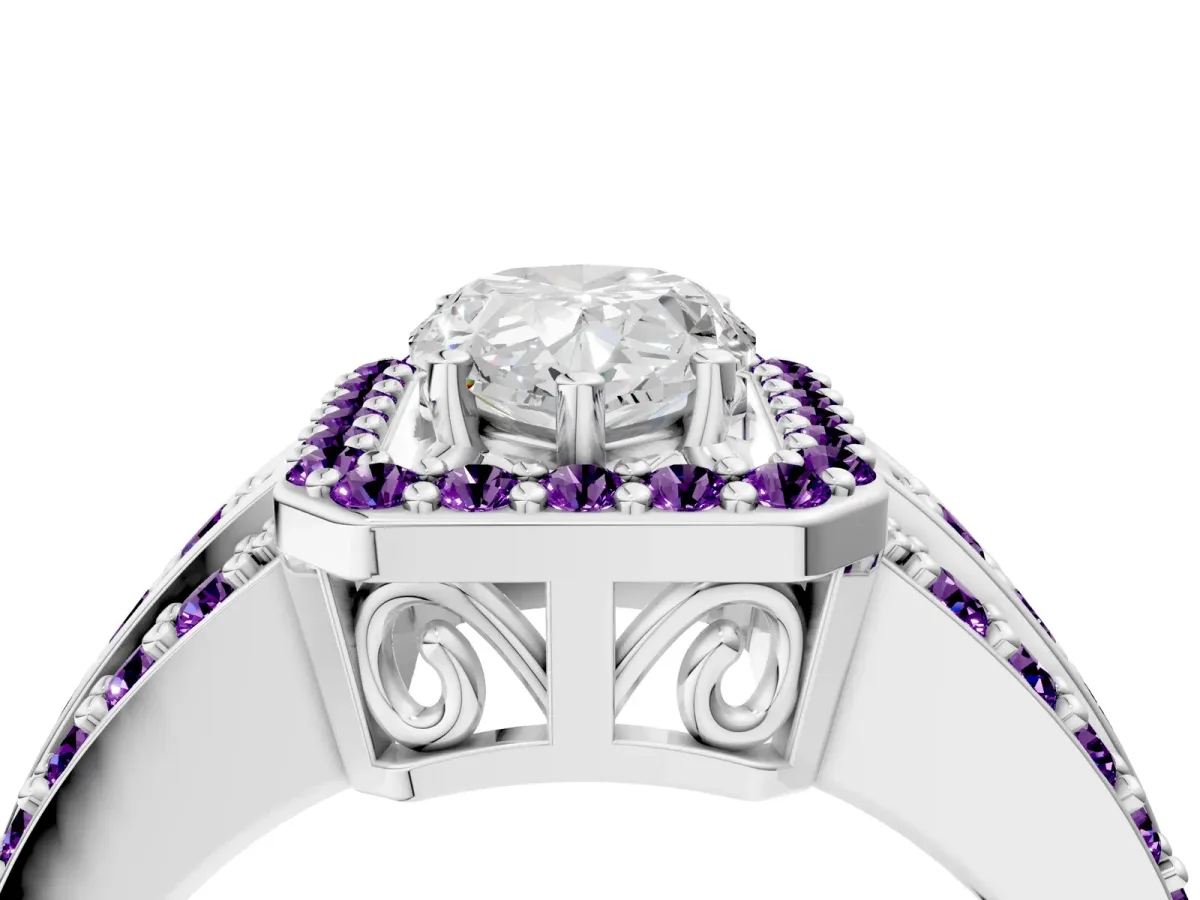 Pear Cut Halo Diamond Ring with Round Amethyst Split Shank and Prong Setting Silver