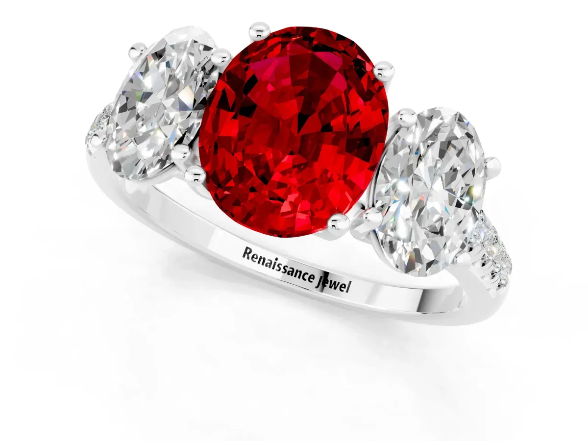 Three-Stone Oval Cut Ruby Ring with Round Pavé Band and Prong Setting Silver