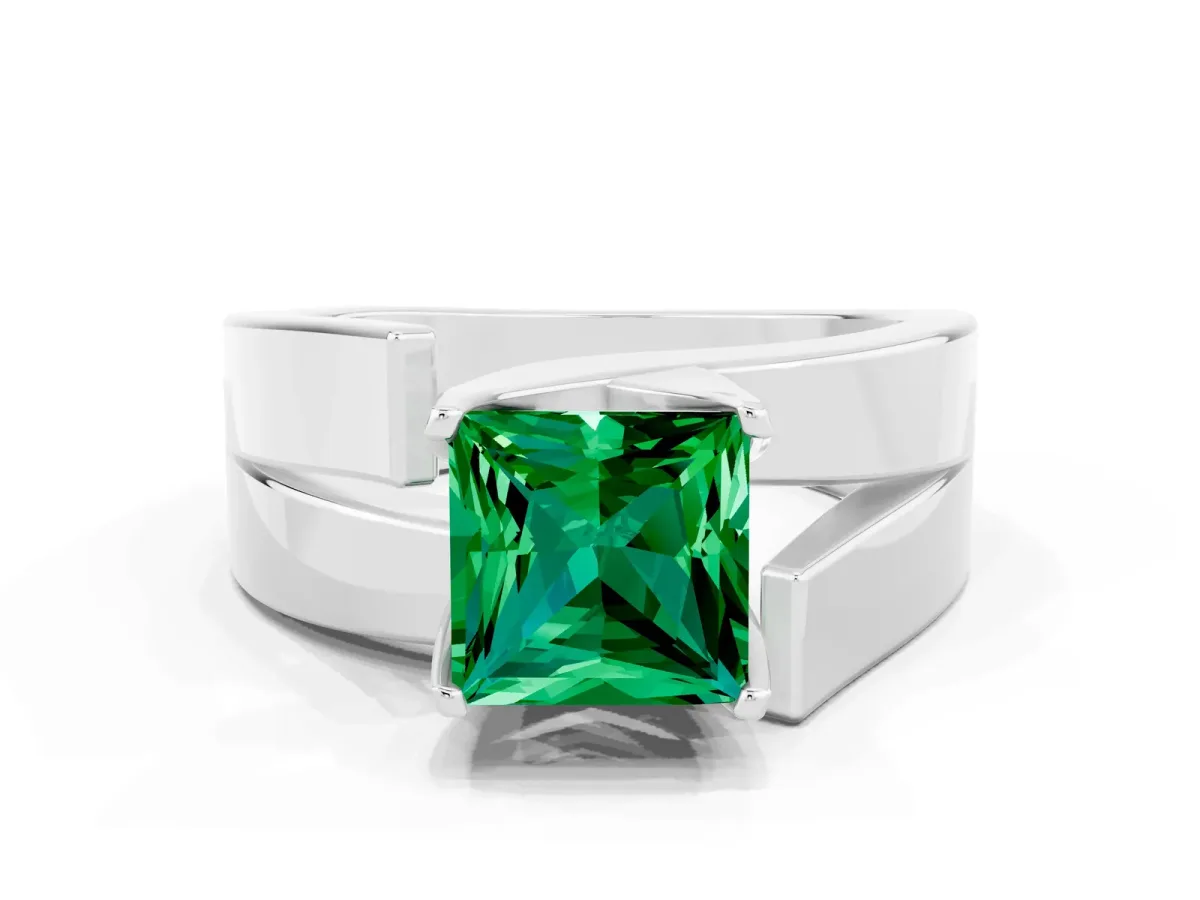 Modern Tension Set Princess Cut Emerald Solitaire Wide Band Ring Platinum