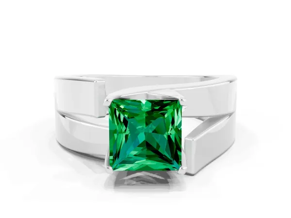 Modern Tension Set Princess Cut Emerald Solitaire Wide Band Ring Silver