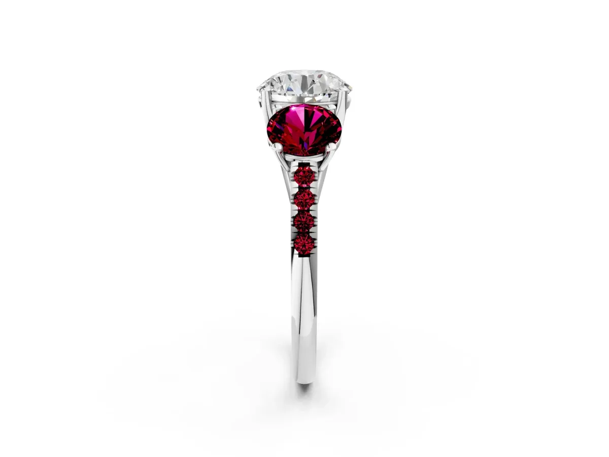 Three-Stone Round Cut Diamond Ring with Round Garnet Pavé Band and Prong Setting Platinum